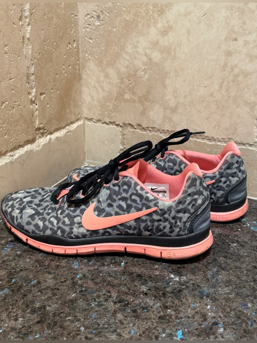 Nike Women's Gray Leopard Print Running Shoes with Coral Swoosh